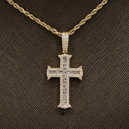 10k Yellow Gold 1CTW Lab Round/Baguette Diamond 2 Layer Cross Pendant 4g Charm