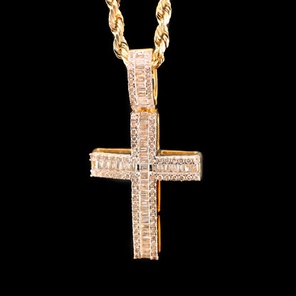 10k Yellow Gold 0.61CTW Natural Round/Baguette Diamond Cross Pendant 2.5g Charm