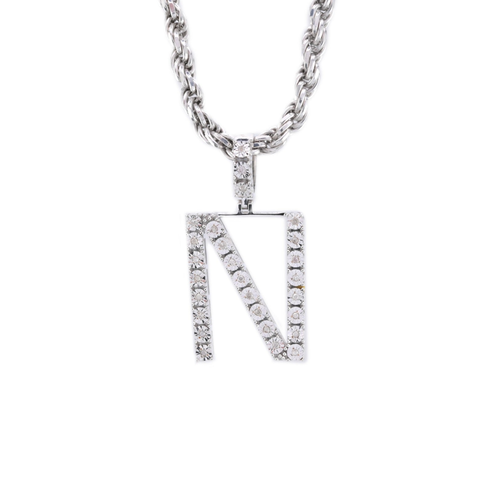 925 Silver Natural 0.15 CTW Diamond Initial Alphabet "N" Pendant 2g Unisex Charm