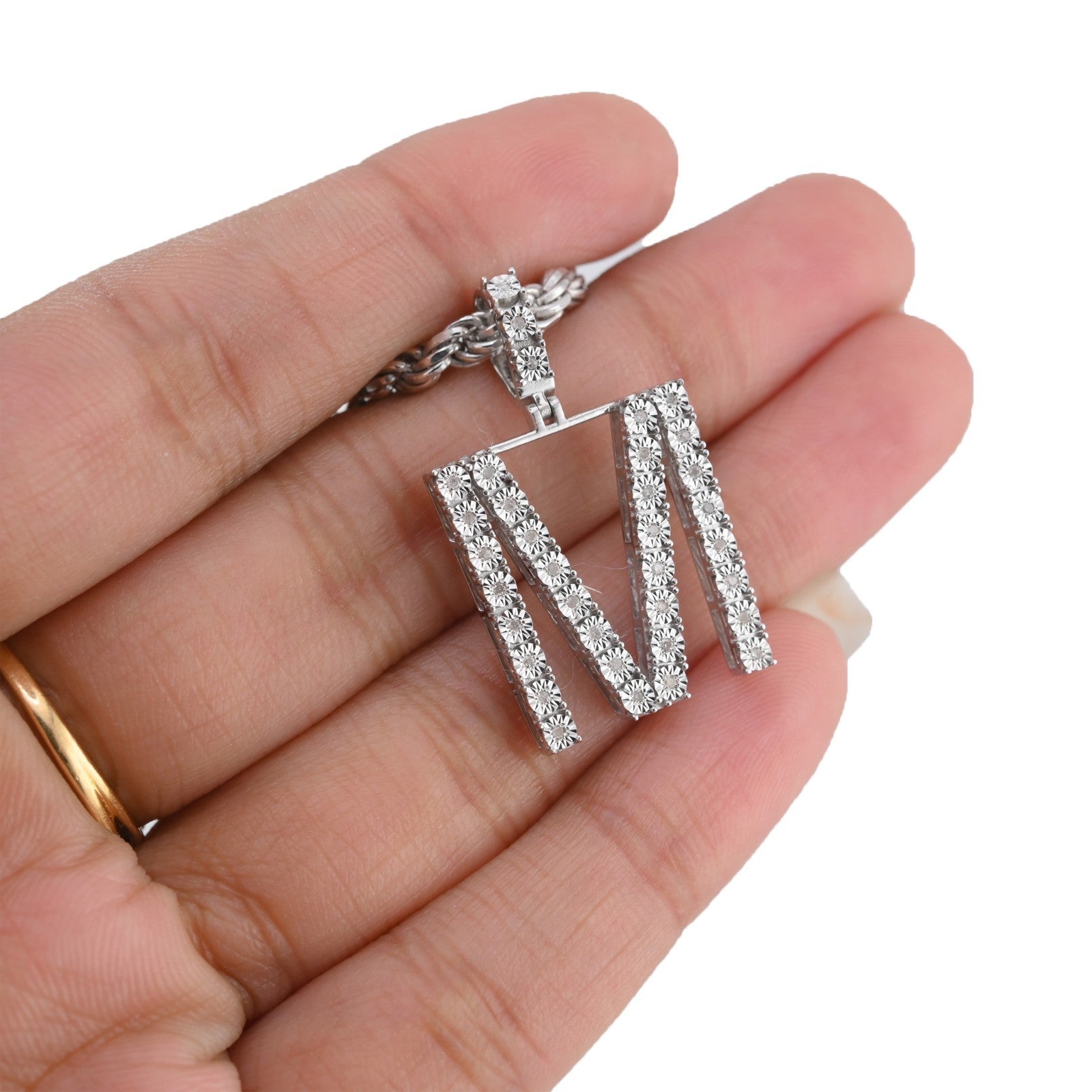 925 Silver Natural 0.15 CTW Diamond Initial Alphabet "M" Pendant 2g Unisex Charm