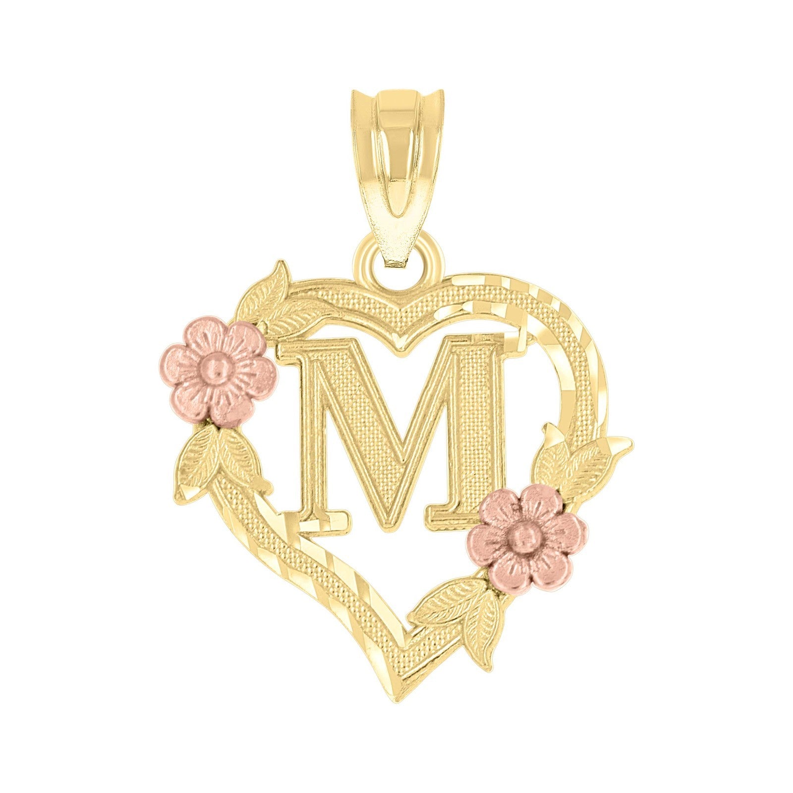 10k Yellow/Rose Gold Heart Flower Initial Letter "M" Pendant 1.1g Alphabet Charm