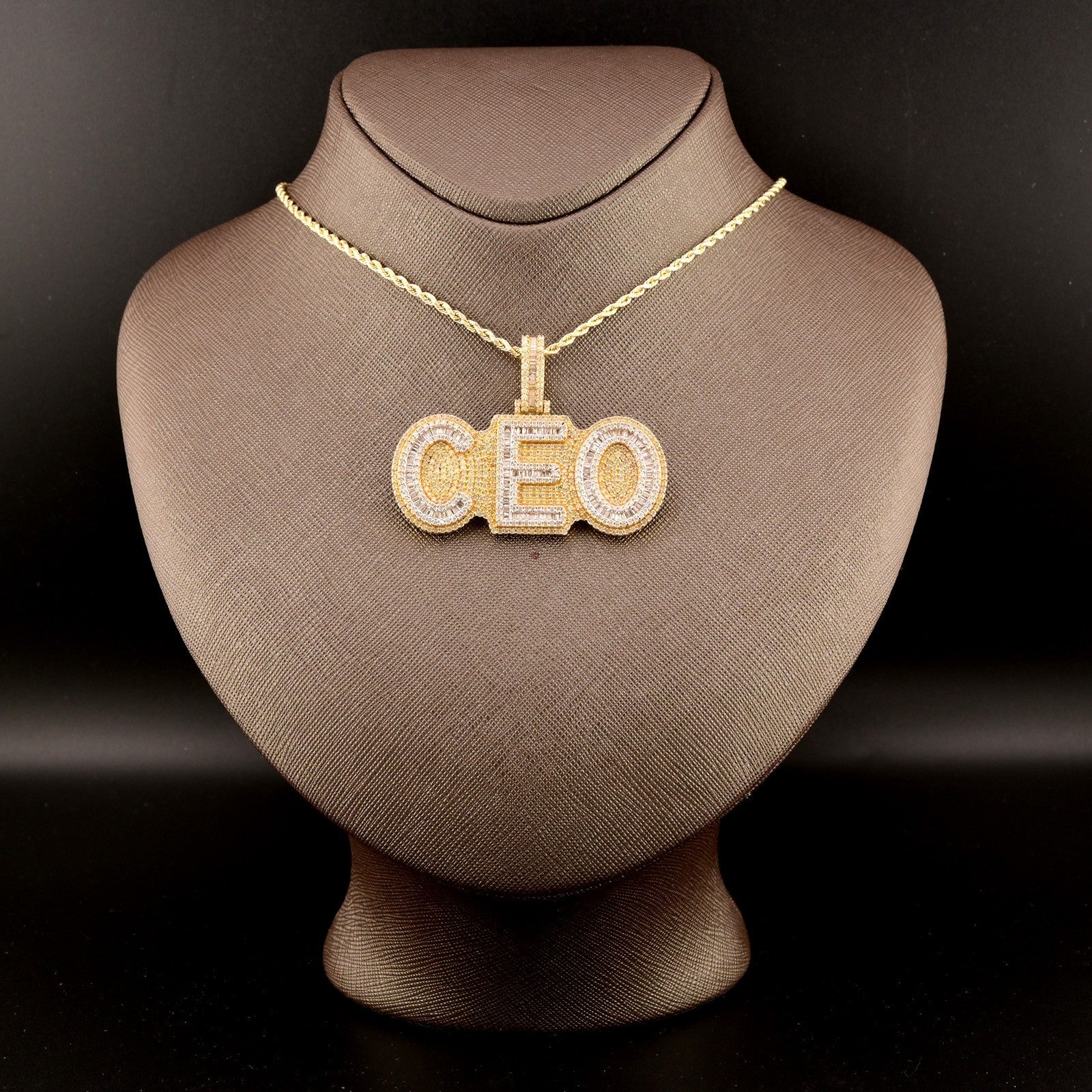 10k Yellow Gold 6.5CTW Round/Baguette Diamond "CEO" w/ Solid Back Pendant 24.1gm