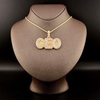 10k Yellow Gold 6.5CTW Round/Baguette Diamond "CEO" w/ Solid Back Pendant 24.1gm