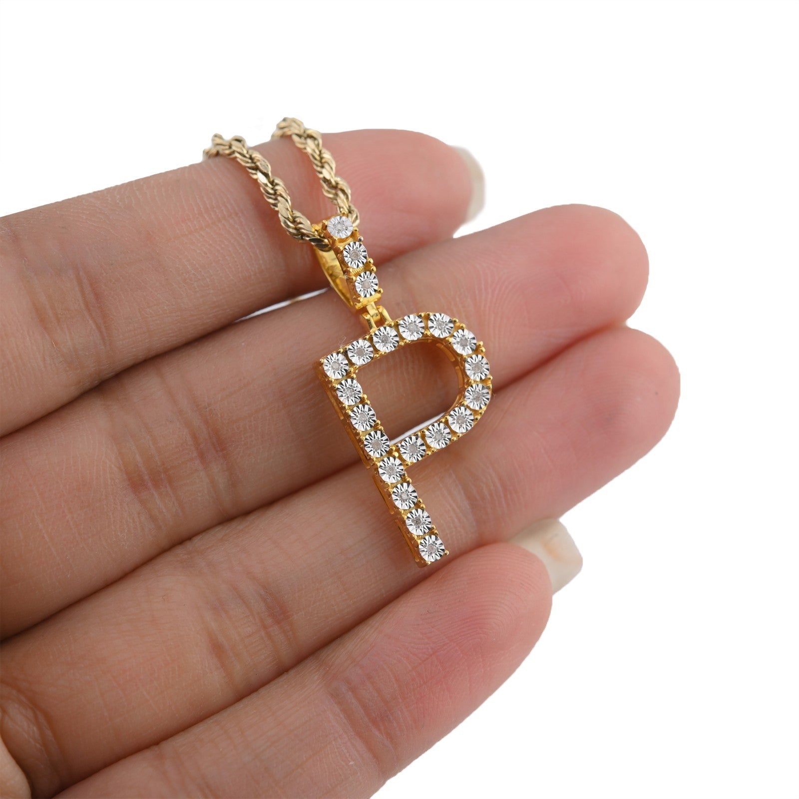 925 Yellow Natural 0.15 CTW Diamond Initial Alphabet "P" Pendant 2g Unisex Charm