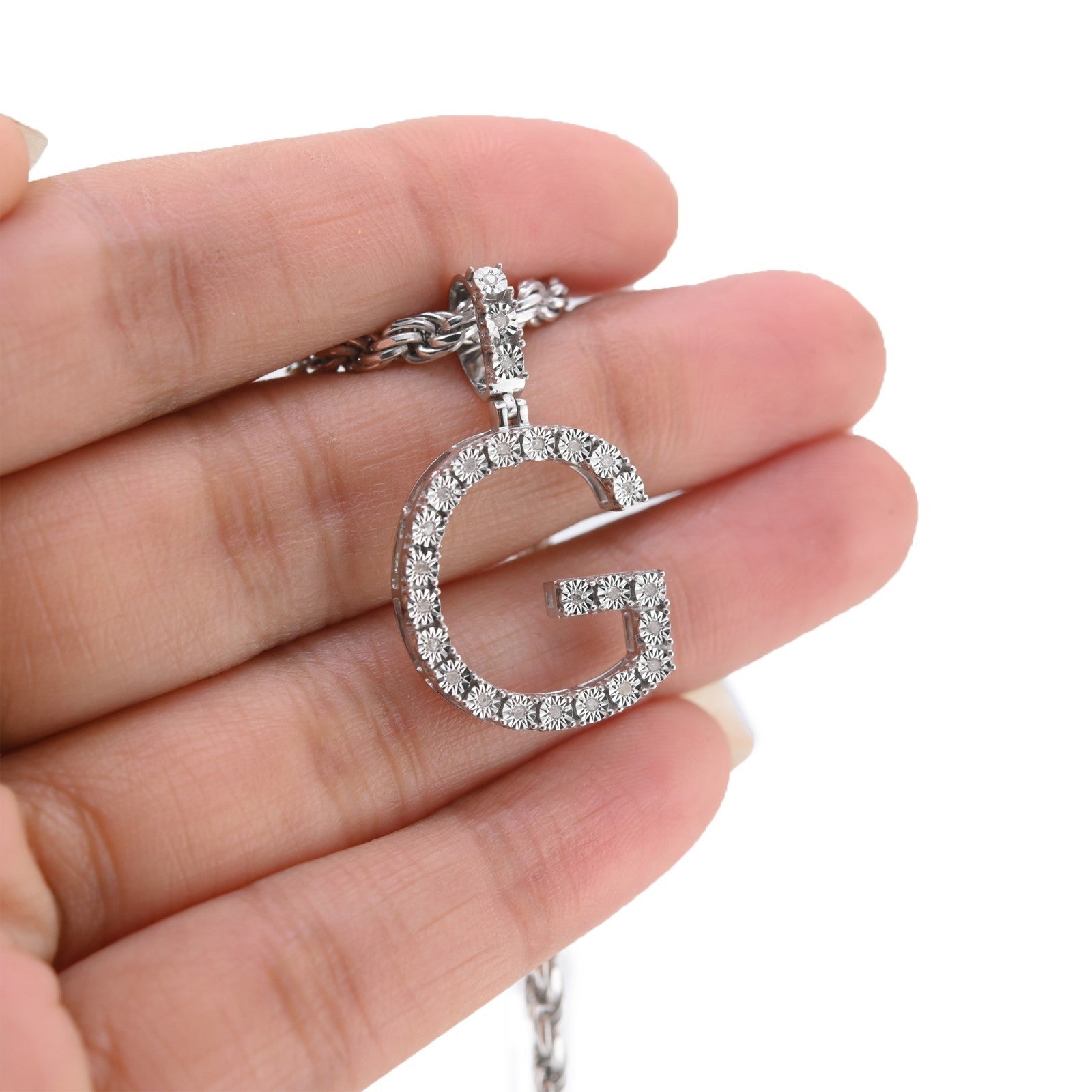 925 Silver Natural 0.15 CTW Diamond Initial Alphabet "G" Pendant 2g Unisex Charm