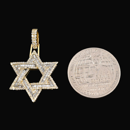 10k Yellow Gold 1CTW Round/Baguette Diamond Six Point Star Pendant 4.4g Charm