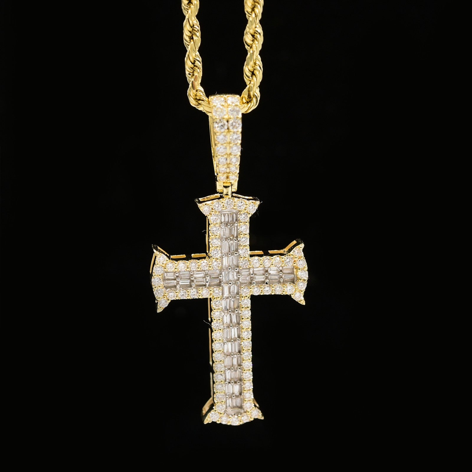 10k Yellow Gold 1CTW Lab Round/Baguette Diamond 2 Layer Cross Pendant 4g Charm