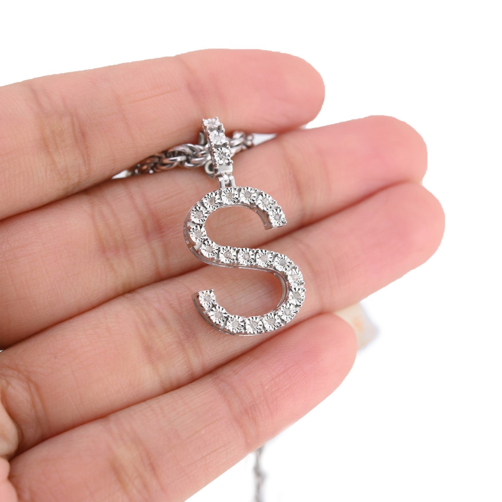 925 Silver Natural 0.15 CTW Diamond Initial Alphabet "S" Pendant 2g Unisex Charm