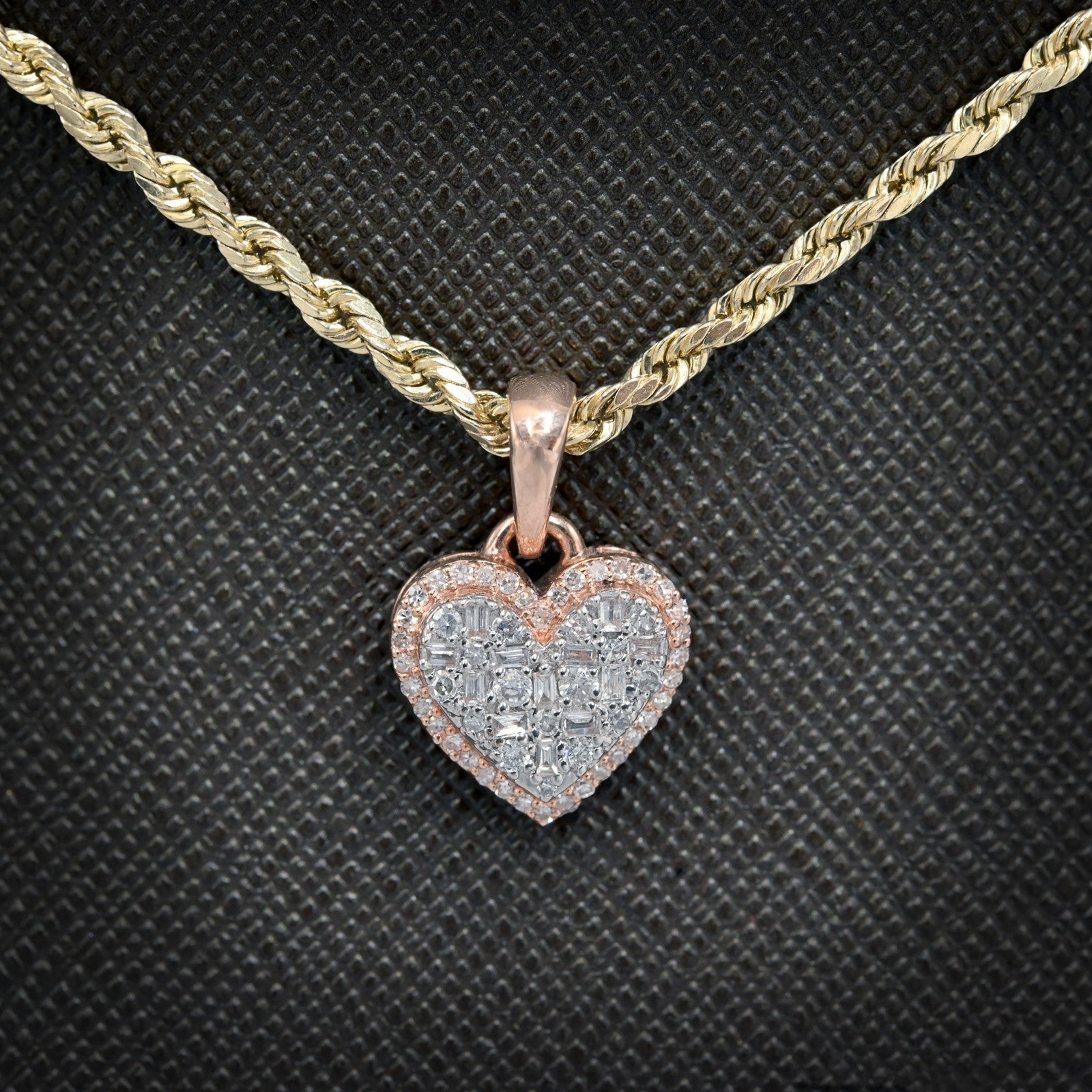 10k Rose Gold 0.28CTW Natural Round & Baguette Diamond Heart Pendant 2.1g Charm