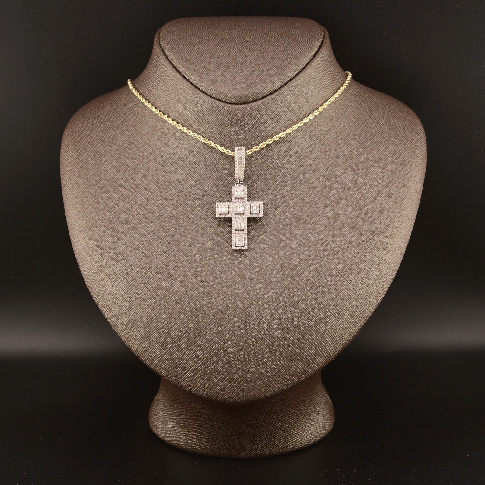 10k White Gold 2CTW Natural Round & Baguette Diamond Cross Pendant 6.4g Charm