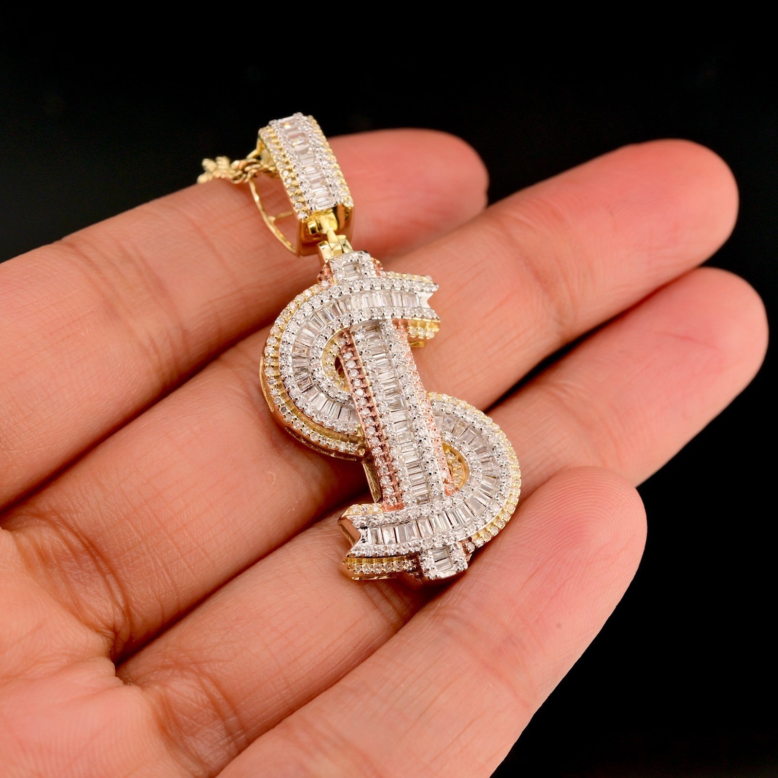 10k 2 Tone Gold 1.15CTW Round & Baguette Diamond Dollar Sign Pendant 8.3g Charm