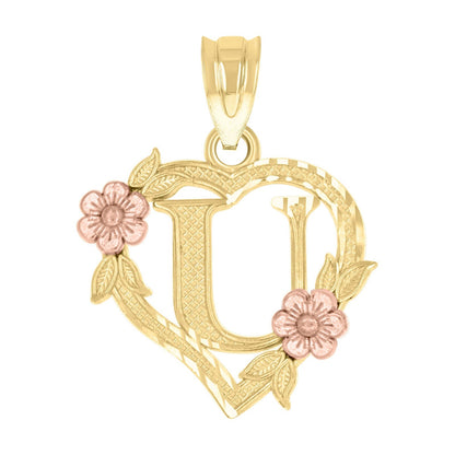 10k Yellow/Rose Gold Heart Flower Initial Letter "U" Pendant 1.1g Alphabet Charm