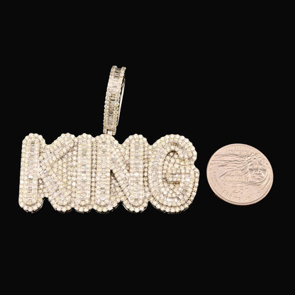 10k White Gold 10CTW Natural Round & Baguette Diamond "KING" Pendant 31.3g Charm