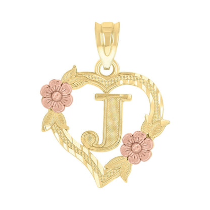 10k Yellow/Rose Gold Heart Flower Initial Letter "J" Pendant 1.1g Alphabet Charm
