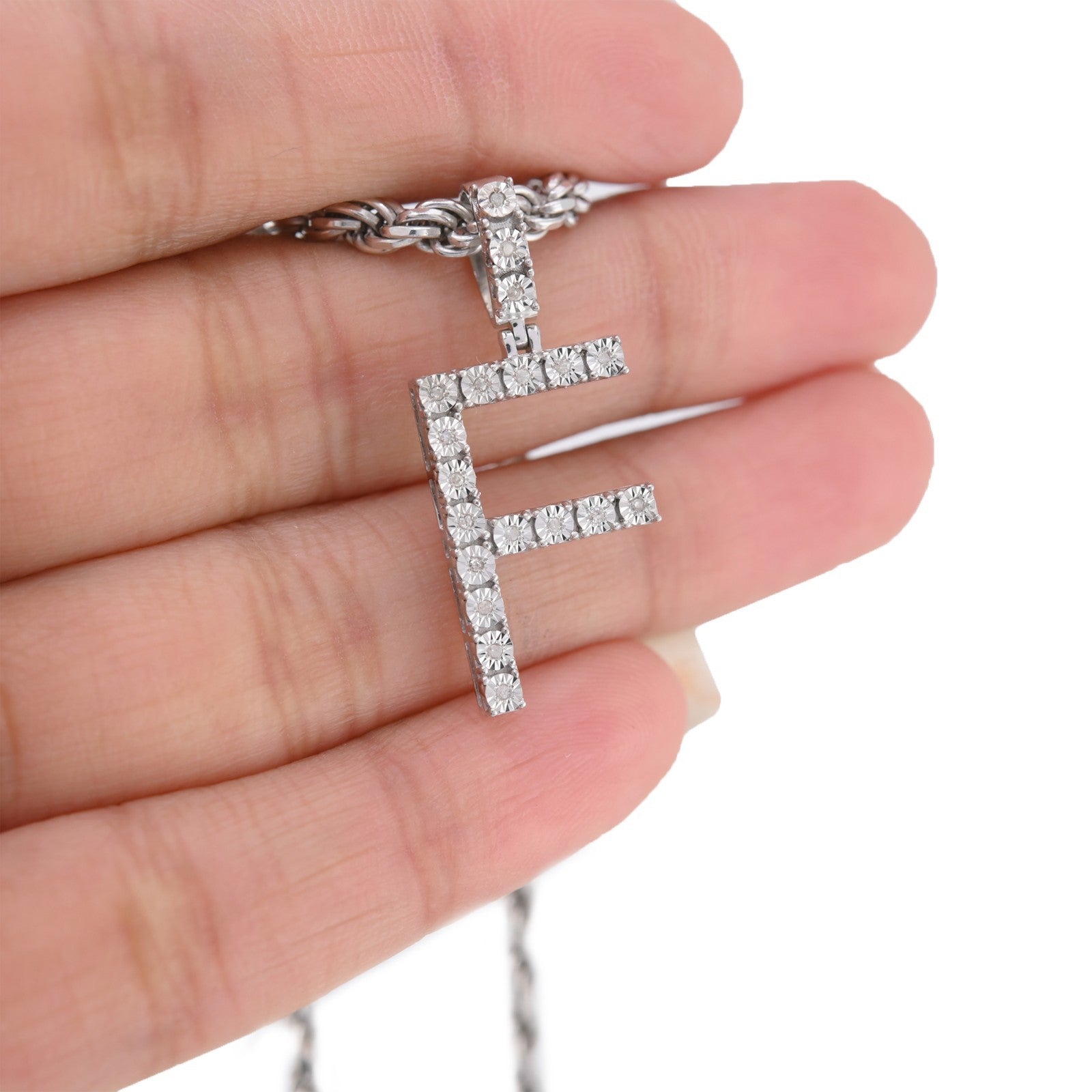 925 Silver Natural 0.15 CTW Diamond Initial Alphabet "F" Pendant 2g Unisex Charm