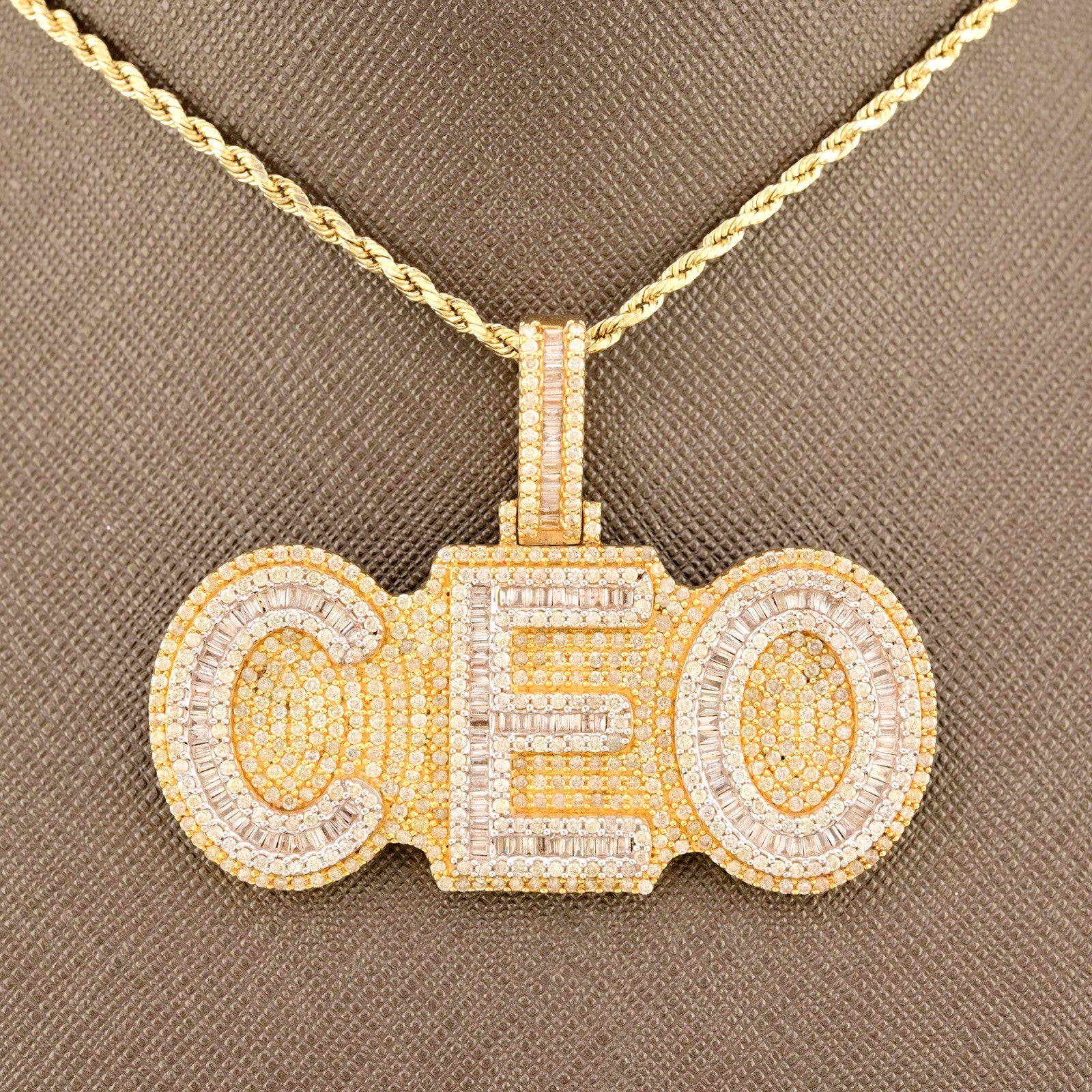 10k Yellow Gold 6.5CTW Round/Baguette Diamond "CEO" w/ Solid Back Pendant 24.1gm