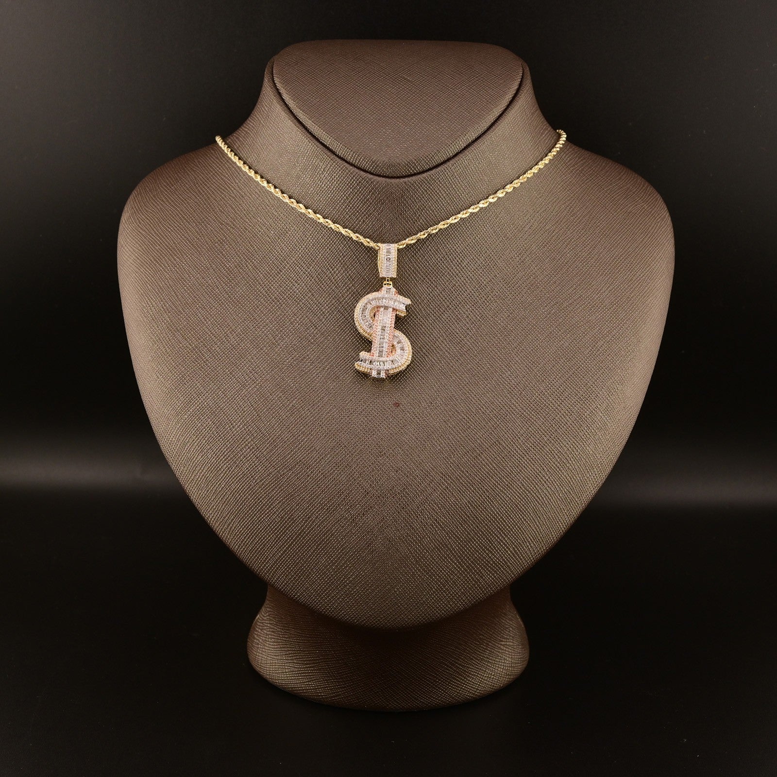 10k 2 Tone Gold 1.15CTW Round & Baguette Diamond Dollar Sign Pendant 8.3g Charm