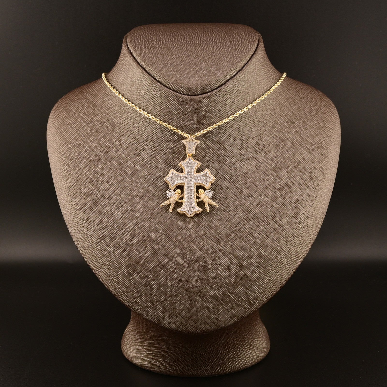 10k Yellow Gold 1.65CT Round/Baguette Diamond Cross w/ Angel Pendant 10.9g Charm