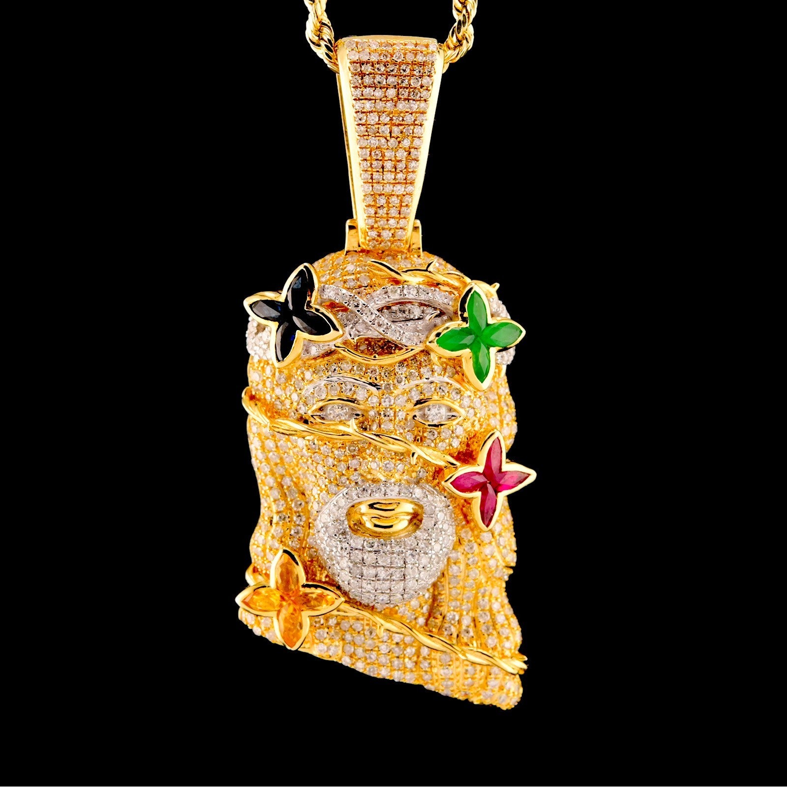 10k Yellow Gold 4.05CTW Diamond Jesus Head w/ Color Stones Pendant 15.3g Charm