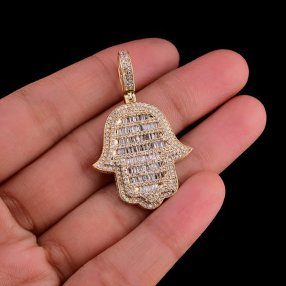 10k Yellow Gold 1.65CTW Round/Baguette Diamond Hamsa Hand Pendant Charm 6.4gms