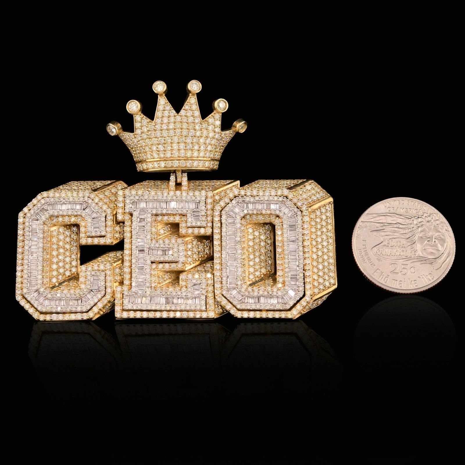 10k Yellow Gold 16CTW Round/Baguette Diamond CEO w/ Crown Bail Pendant 46.8gms