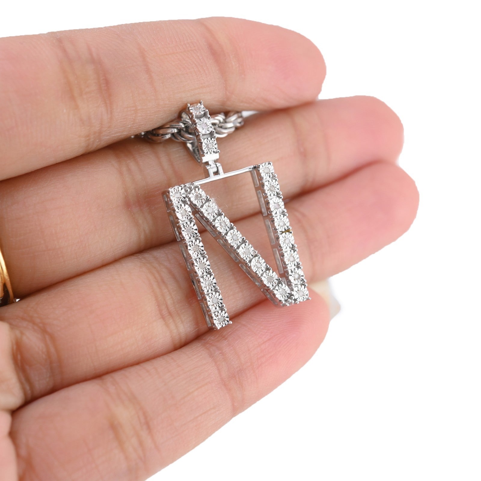 925 Silver Natural 0.15 CTW Diamond Initial Alphabet "N" Pendant 2g Unisex Charm