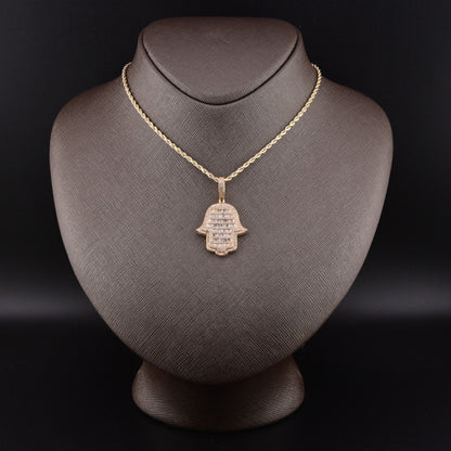 10k Yellow Gold 1.65CTW Round/Baguette Diamond Hamsa Hand Pendant Charm 6.4gms