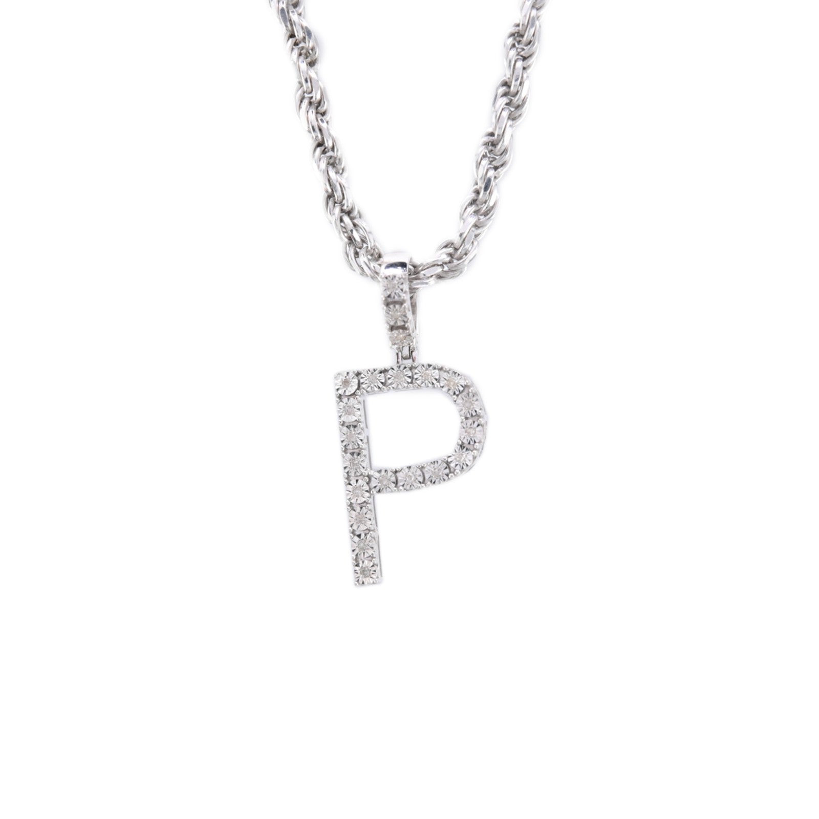 925 Silver Natural 0.15 CTW Diamond Initial Alphabet "P" Pendant 2g Unisex Charm