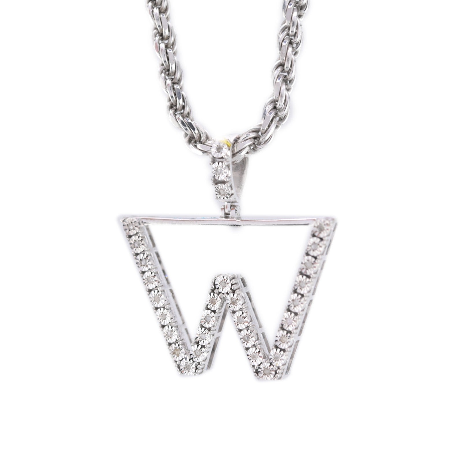 925 Silver Natural 0.15 CTW Diamond Initial Alphabet "W" Pendant 2g Unisex Charm