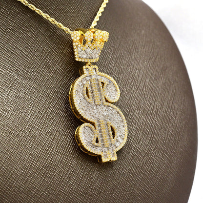 10k Yellow Gold 3.5CTW Round & Baguette Diamond Dollar Sign Pendant 17.8g Charm