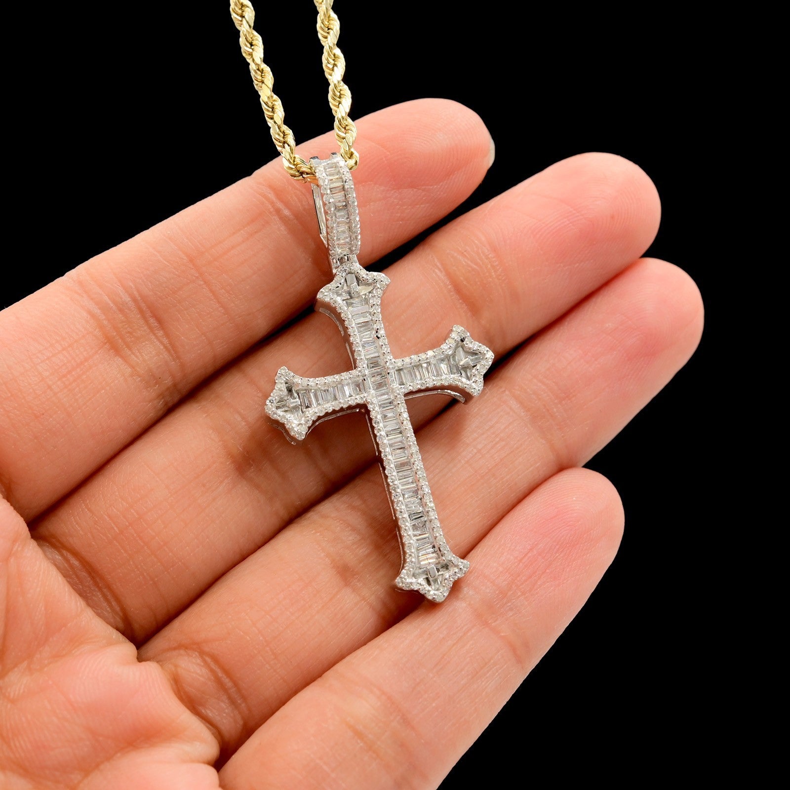10k White Gold 0.87CTW Natural Round & Baguette Diamond Cross Pendant 6.3g Charm