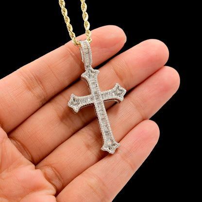 10k White Gold 0.87CTW Natural Round & Baguette Diamond Cross Pendant 6.3g Charm