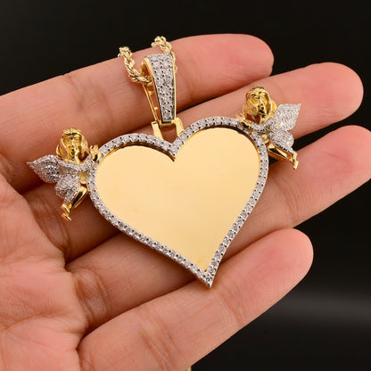 10k Yellow Gold 1.15CTW Diamond Heart Picture w/ Angels Pendant 12.4g Charm