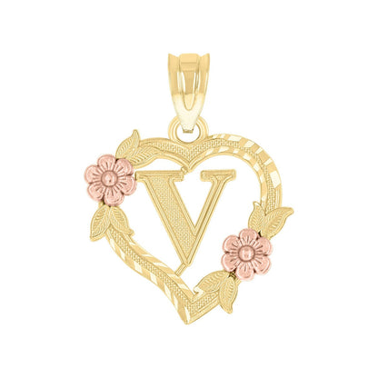 10k Yellow/Rose Gold Heart Flower Initial Letter "V" Pendant 1g Alphabet Charm