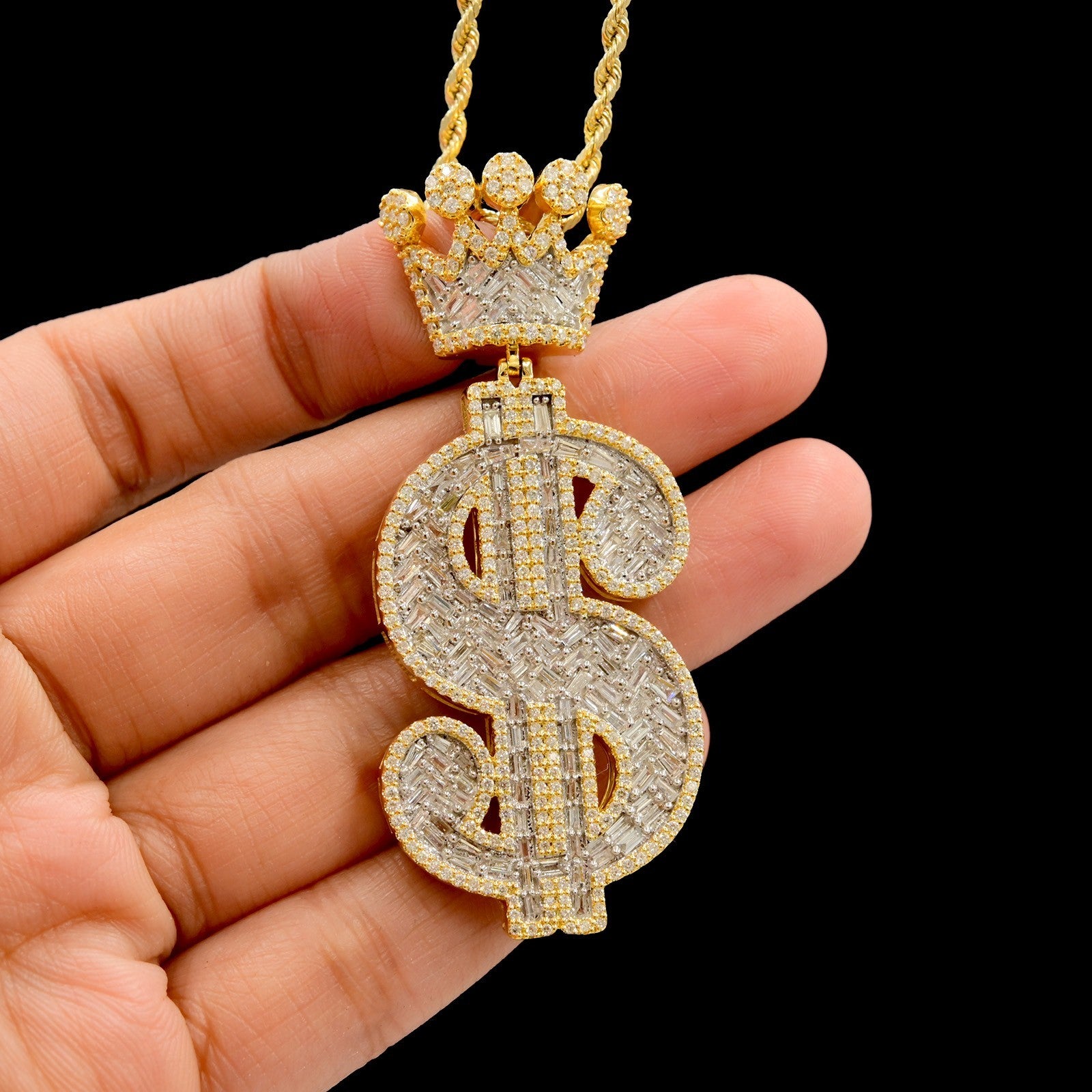 10k Yellow Gold 3.5CTW Round & Baguette Diamond Dollar Sign Pendant 17.8g Charm