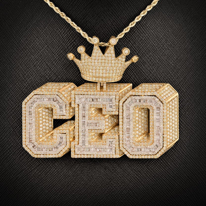 10k Yellow Gold 16CTW Round/Baguette Diamond CEO w/ Crown Bail Pendant 46.8gms