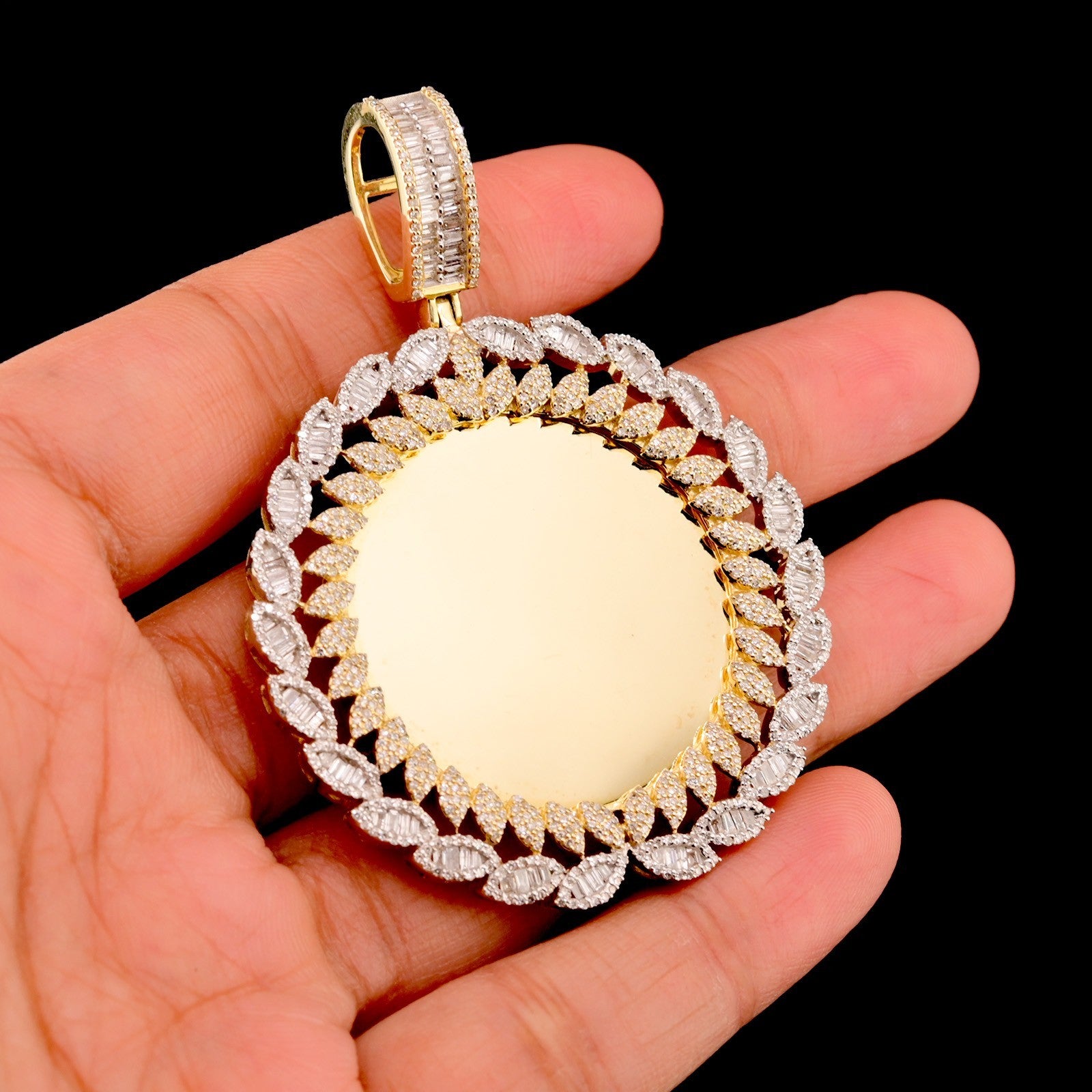 10k Yellow Gold 2.35CT Round/Baguette Diamond Picture Memory Pendant 15.5g Charm