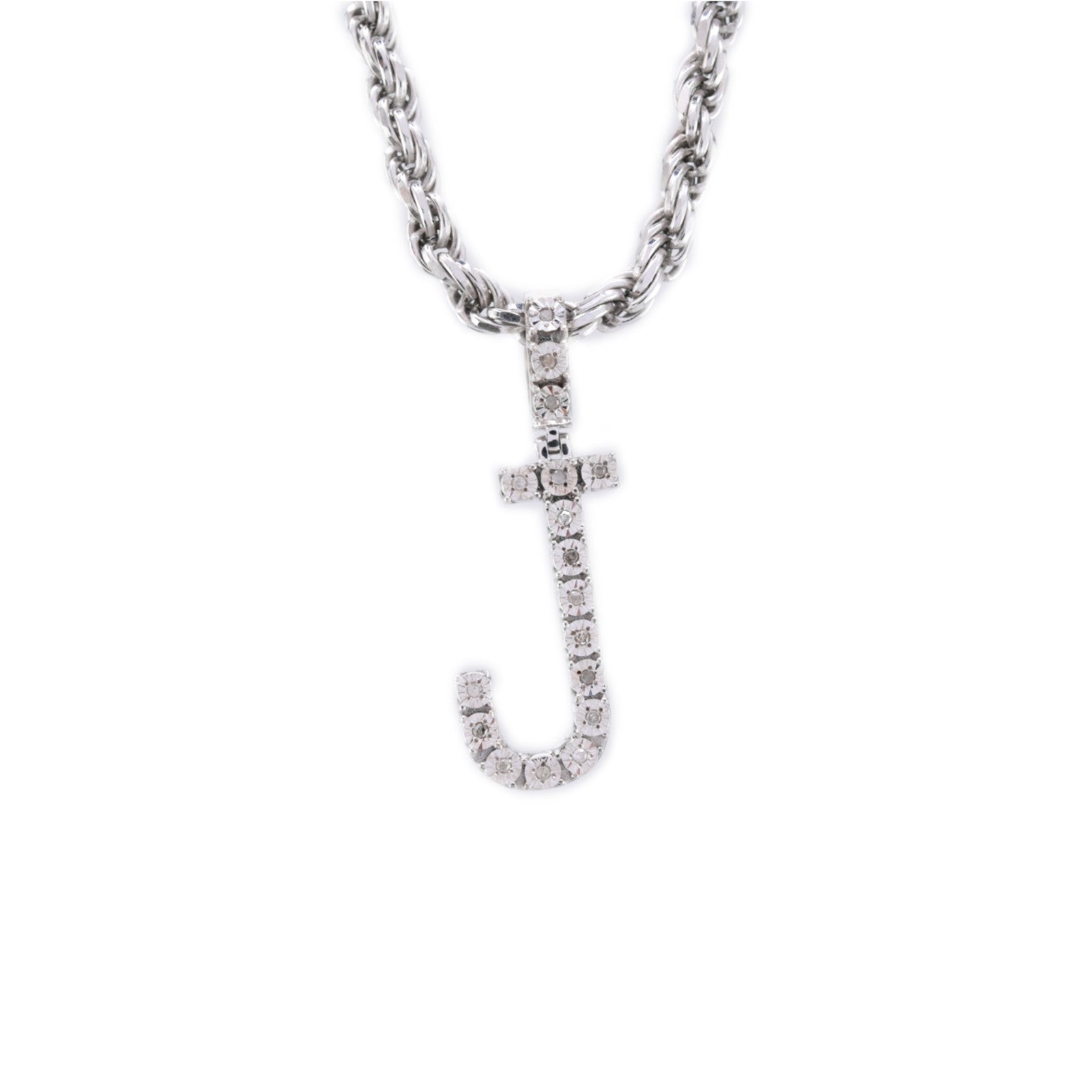 925 Silver Natural 0.15 CTW Diamond Initial Alphabet "J" Pendant 2g Unisex Charm