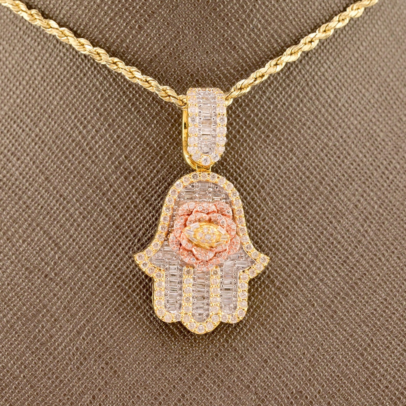 10k Yellow Gold 1.5CTW Round/Baguette Diamond Hamsa Hand Rose Pendant 7.7g Charm