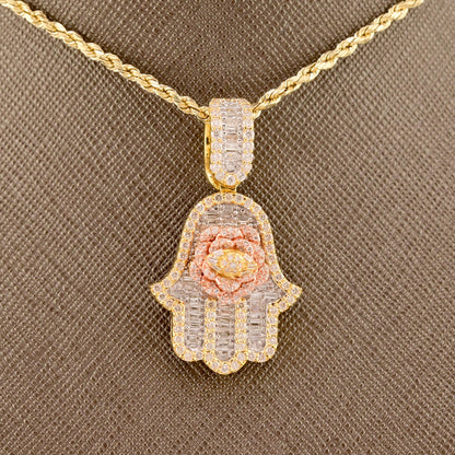 10k Yellow Gold 1.5CTW Round/Baguette Diamond Hamsa Hand Rose Pendant 7.7g Charm