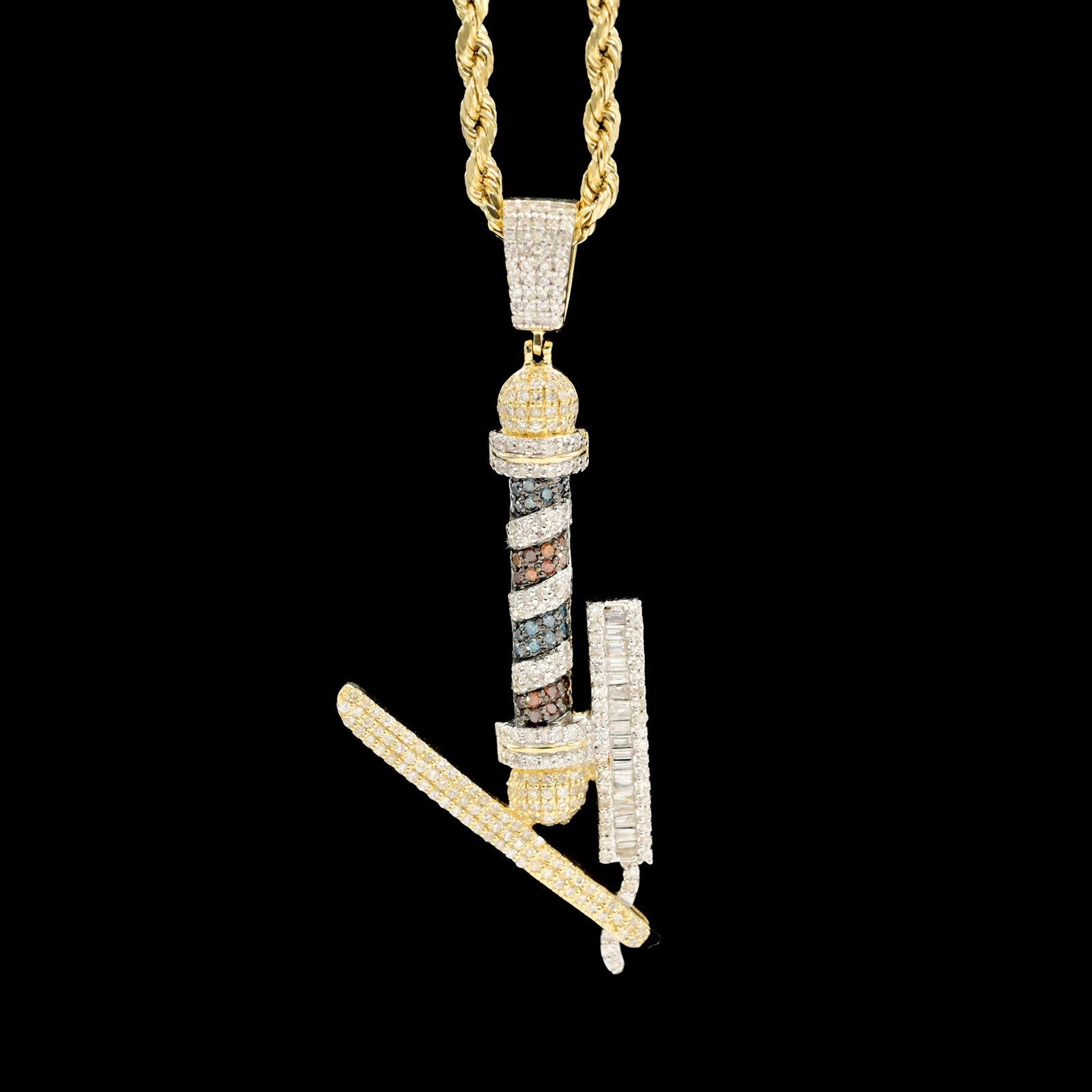 10k Yellow Gold 0.75CTW Natural Round/Baguette Diamond Barber Pendant 4.1g Charm