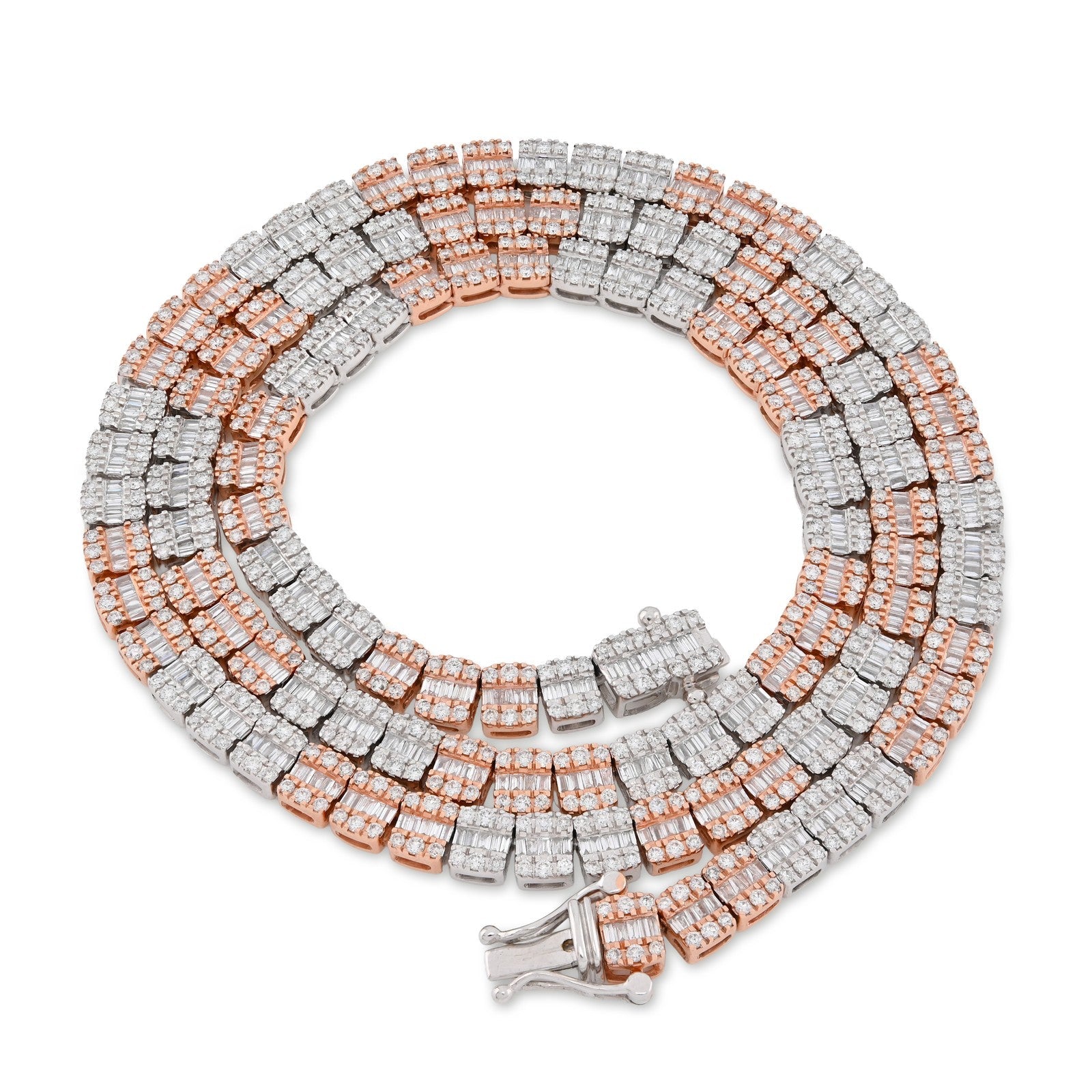 5MM 10k Rose/White Gold 35.5gms 9CTW Natural Round/Baguette Diamond Tennis Chain - Elite Jewelers - Necklaces