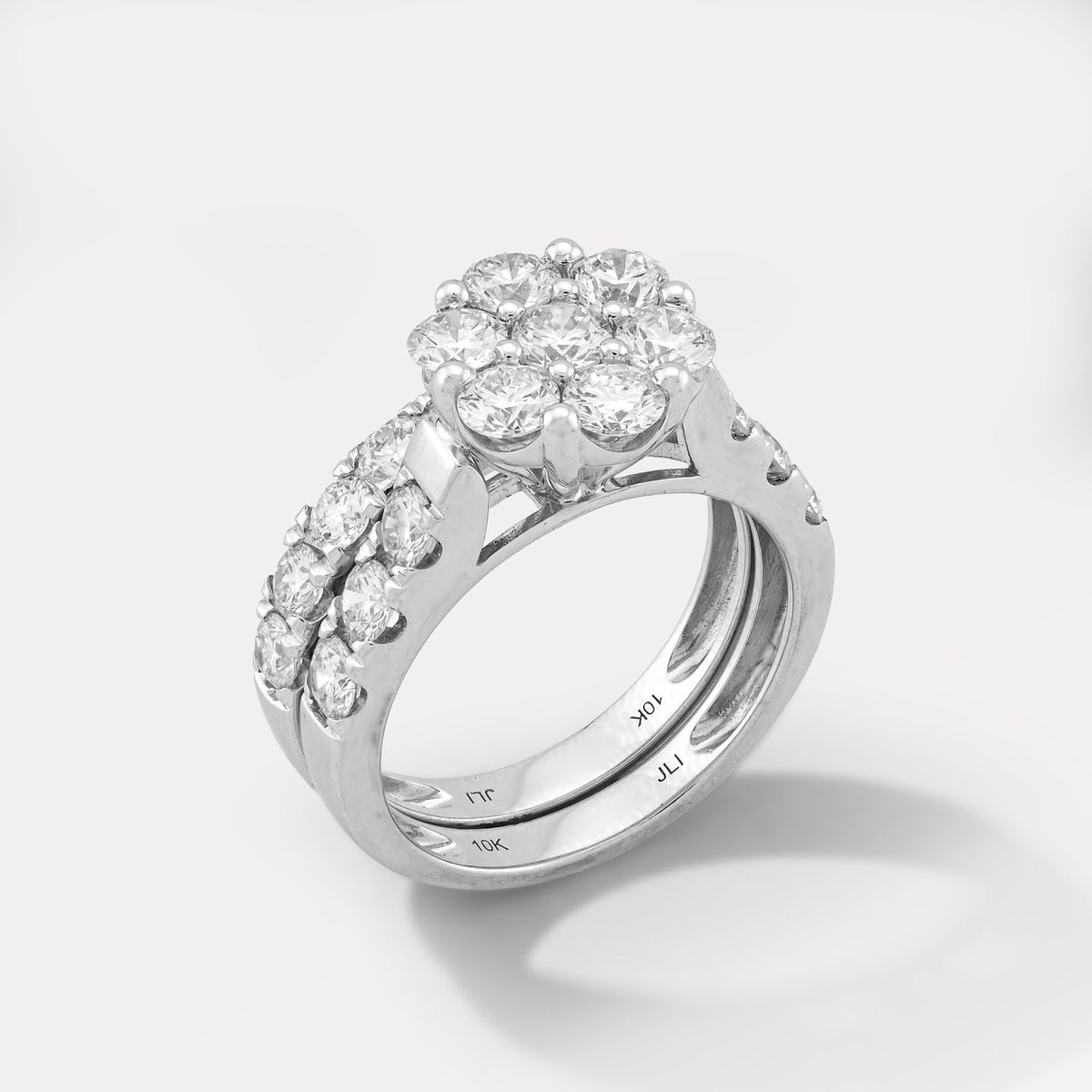 7 Stone Flower Cluster Natural Diamond 2.94CT Women Ring with Band 14K White Gold - Elite Jewelers-Rings
