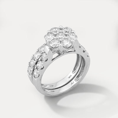 7 Stone Flower Cluster Natural Diamond 2.94CT Women Ring with Band 14K White Gold - Elite Jewelers-Rings