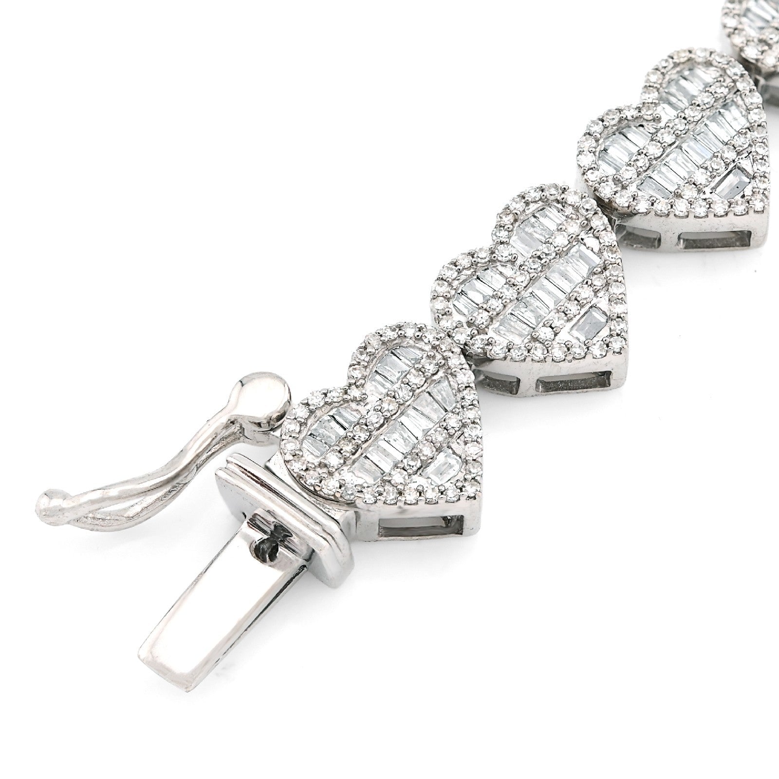 7.5MM 10k White Gold 14.9gm 2.52CTW Round/Baguette Diamond Heart Tennis Bracelet - Elite Jewelers - Bracelets