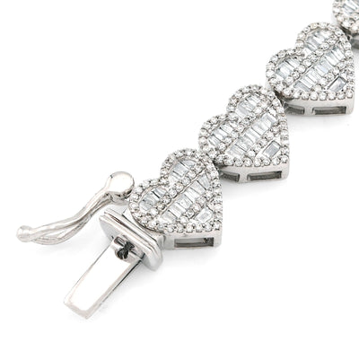 7.5MM 10k White Gold 14.9gm 2.52CTW Round/Baguette Diamond Heart Tennis Bracelet - Elite Jewelers - Bracelets