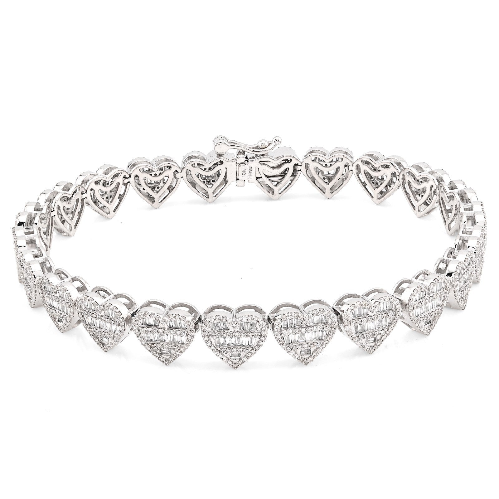 7.5MM 10k White Gold 14.9gm 2.52CTW Round/Baguette Diamond Heart Tennis Bracelet - Elite Jewelers - Bracelets