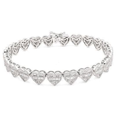 7.5MM 10k White Gold 14.9gm 2.52CTW Round/Baguette Diamond Heart Tennis Bracelet - Elite Jewelers - Bracelets