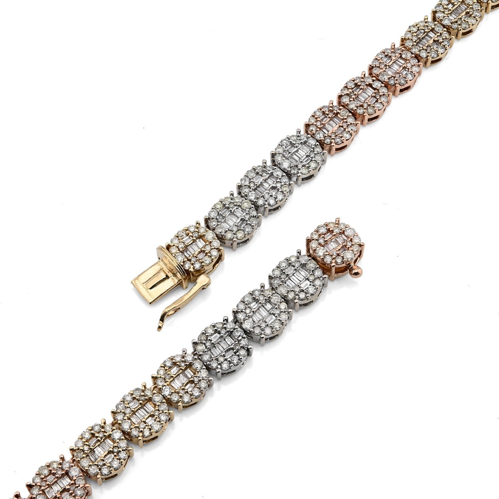 7MM 10k 3 - Tone Gold 18.95CTW Round/Baguette 45.6gms Diamond Cluster Tennis Chain - Elite Jewelers - Necklaces & Chains