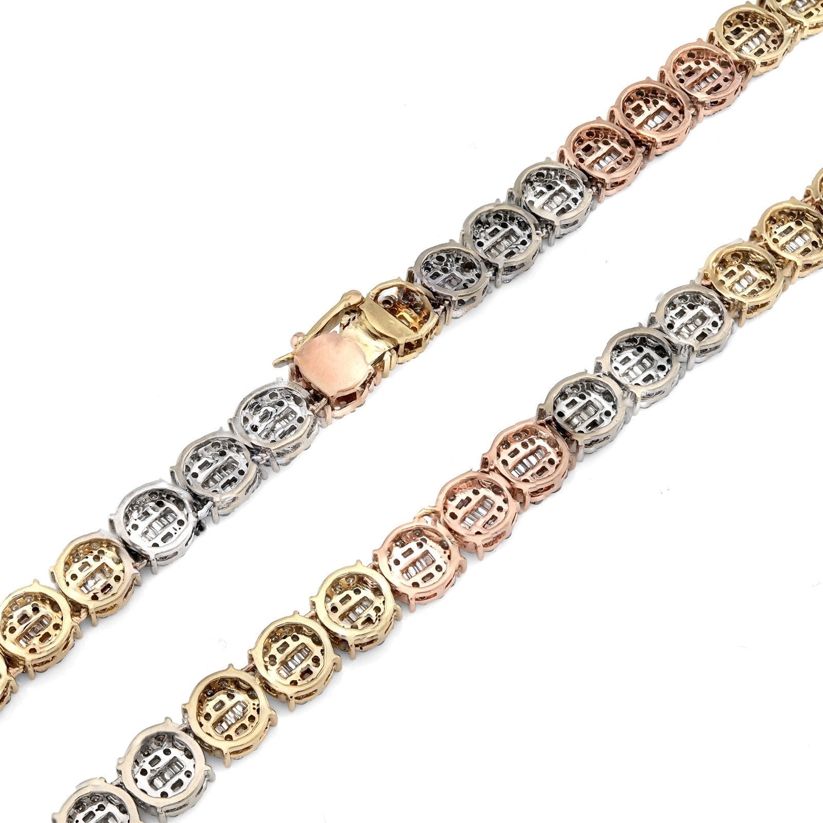 7MM 10k 3 - Tone Gold 18.95CTW Round/Baguette 45.6gms Diamond Cluster Tennis Chain - Elite Jewelers - Necklaces & Chains